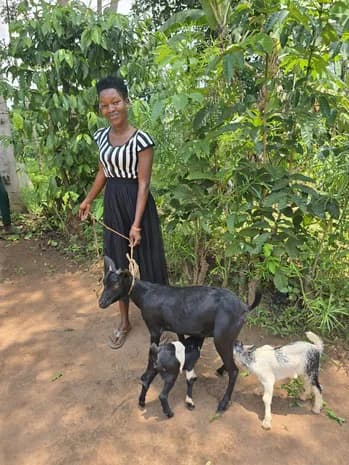 A woman stands with goats beside vegetation.