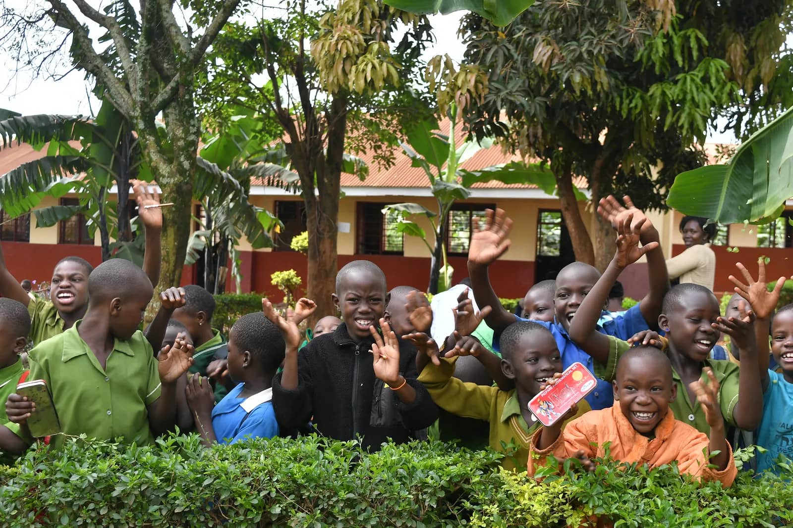 Children gather together in a school garden.